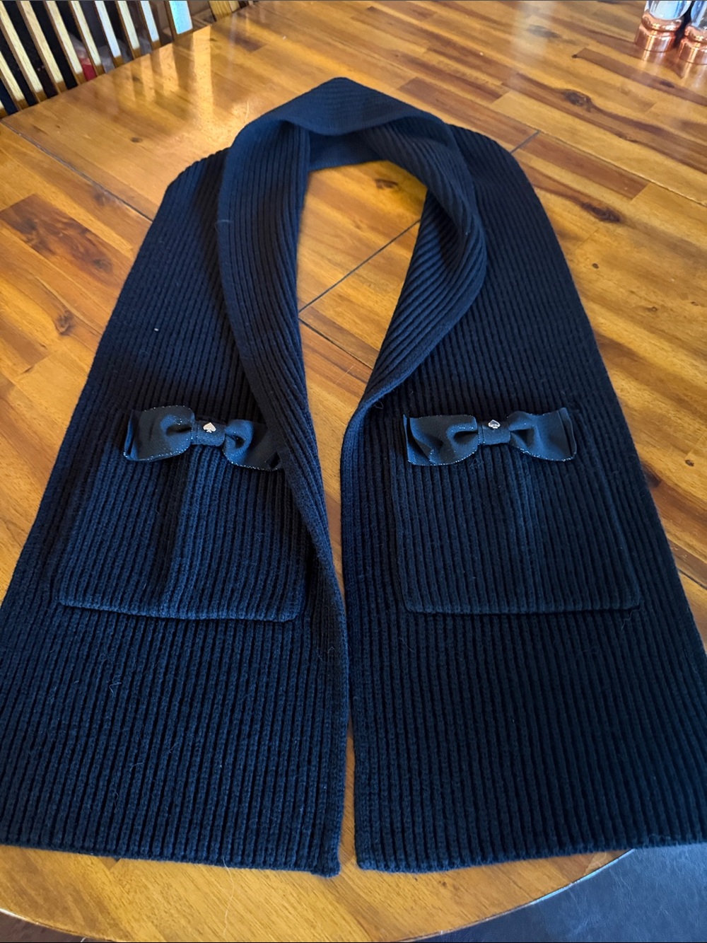 Kate Spade Black Ribbed Knit long Scarf with Bow Accent